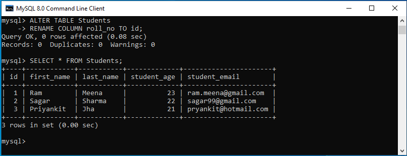 mysql rename column