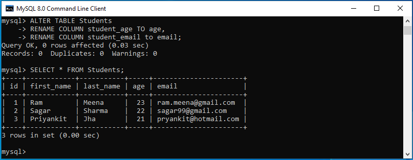 mysql rename column