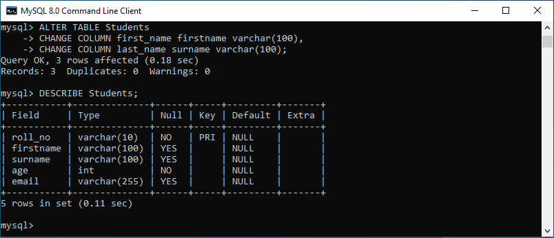 mysql rename column