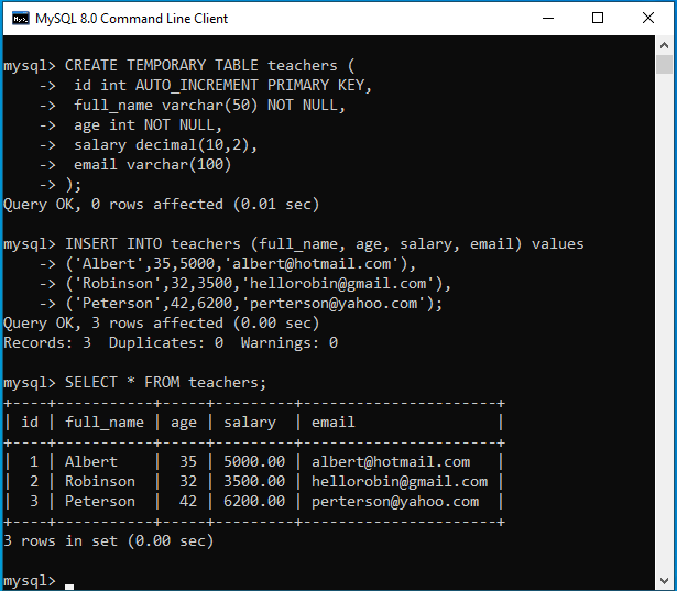 mysql temporary table