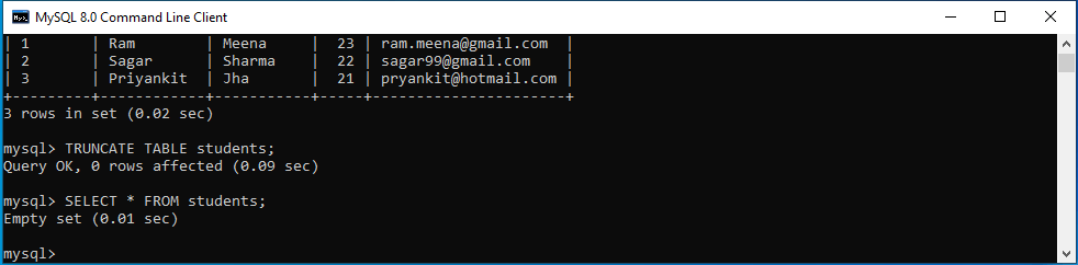 mysql truncate table