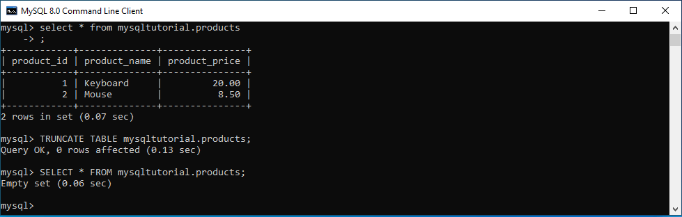 mysql truncate table